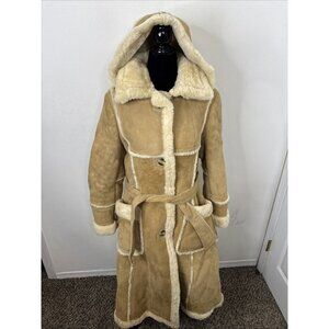 Vintage Leather Attic Girl 15/16 Woman XS Sheepskin Shearling Trench Coat Hooded